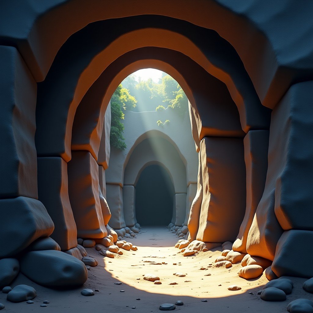 Ancient rock-cut architecture of Elephanta Caves entrance, massive basalt stone pillars, dark interiors with natural sunlight streaming in from the entrance, historical atmosphere, artistic rendering, 4:3