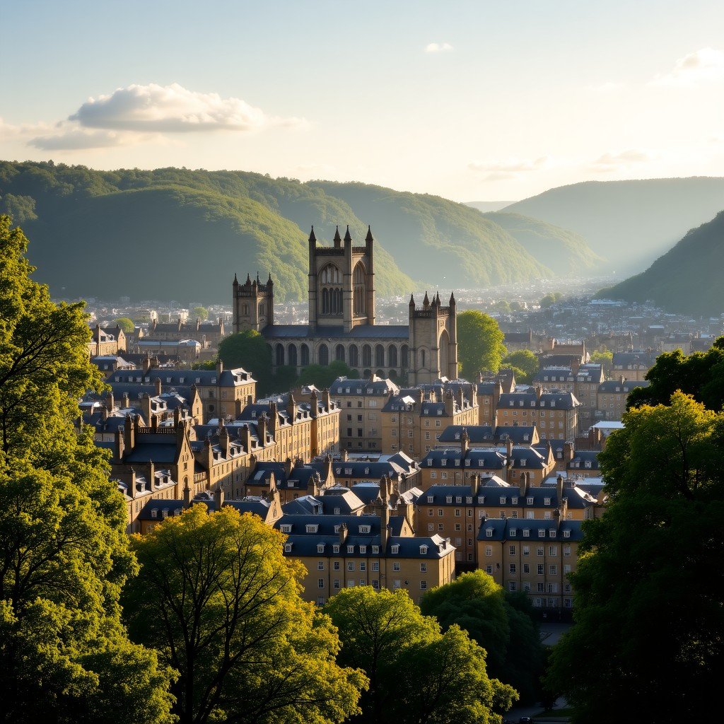 A panoramic view of the City of Bath in England, featuring the iconic golden-colored Bath Stone buildings, Bath Abbey rising in the center, surrounded by lush green hills, soft morning sunlight, cinematic lighting, 4:3