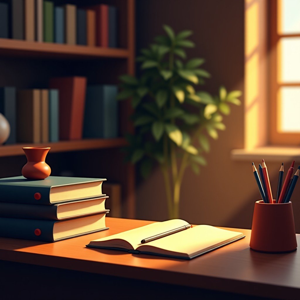 A warm indoor scene with books and stationery, cozy lighting, inviting atmosphere, calm and reflective mood, 4:3 aspect ratio