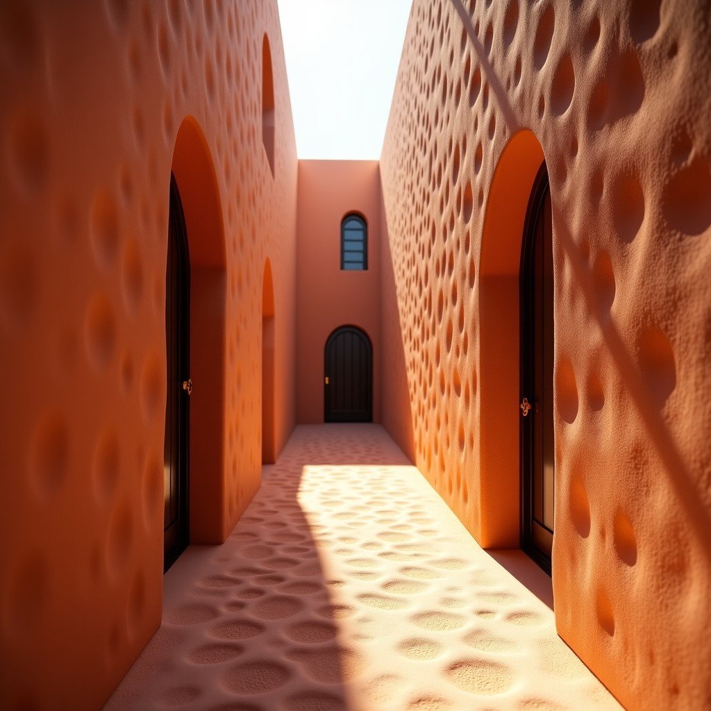 Narrow winding alleyway inside a traditional Moroccan Ksar with textured mud walls and warm natural lighting, realistic, 1:1