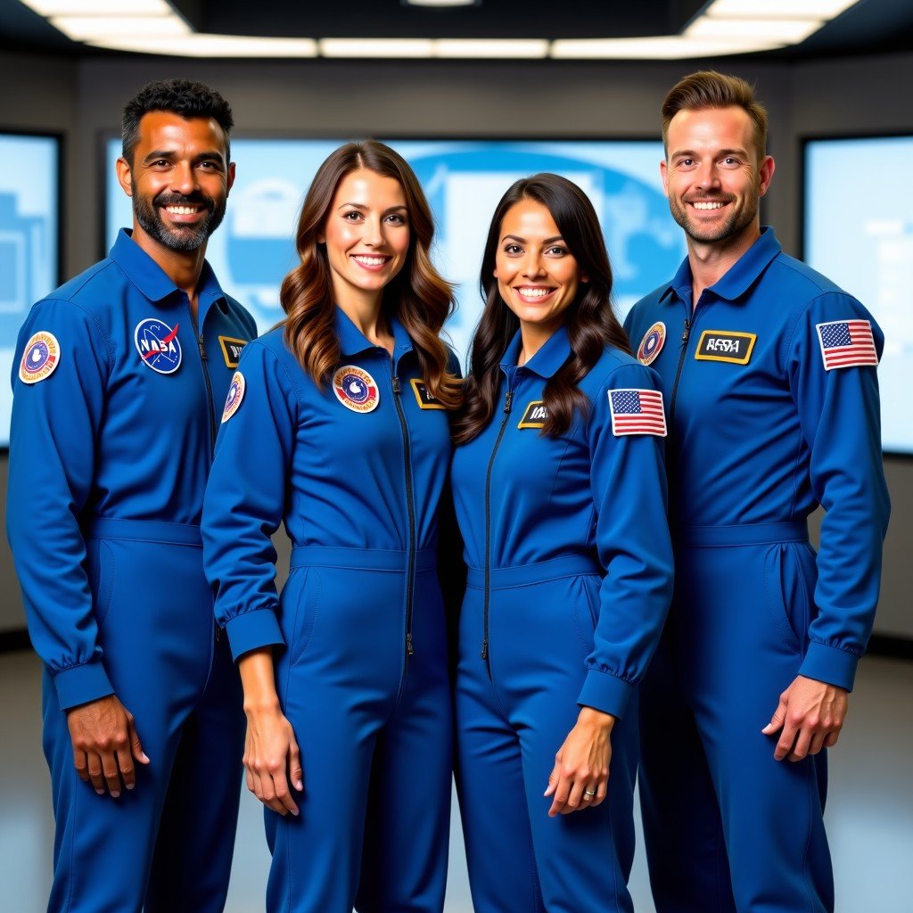 A group portrait of four diverse astronauts, two men and two women of different ethnicities, wearing modern blue NASA flight suits, standing confidently in front of a high-tech mission control background, professional lighting, 1:1