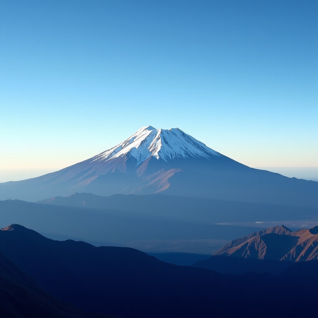 A majestic view of Kilimanjaro peak with snow-capped summit under clear blue sky, natural lighting, high definition, wide angle shot, 4:3 aspect ratio
