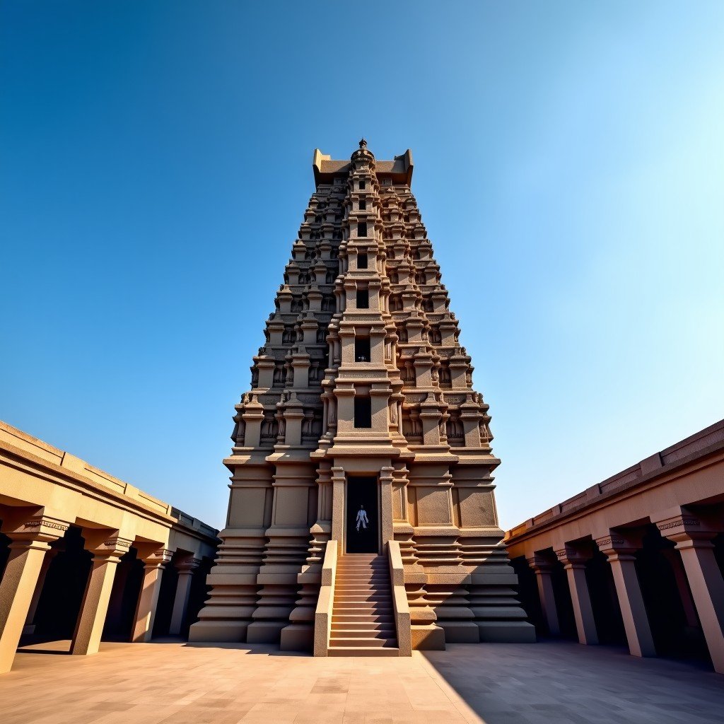 A wide shot of the majestic Brihadisvara Temple in Thanjavur, India. Built with granite, showing the tall Vimana tower under a clear blue sky. High contrast, architectural photography, 4:3.