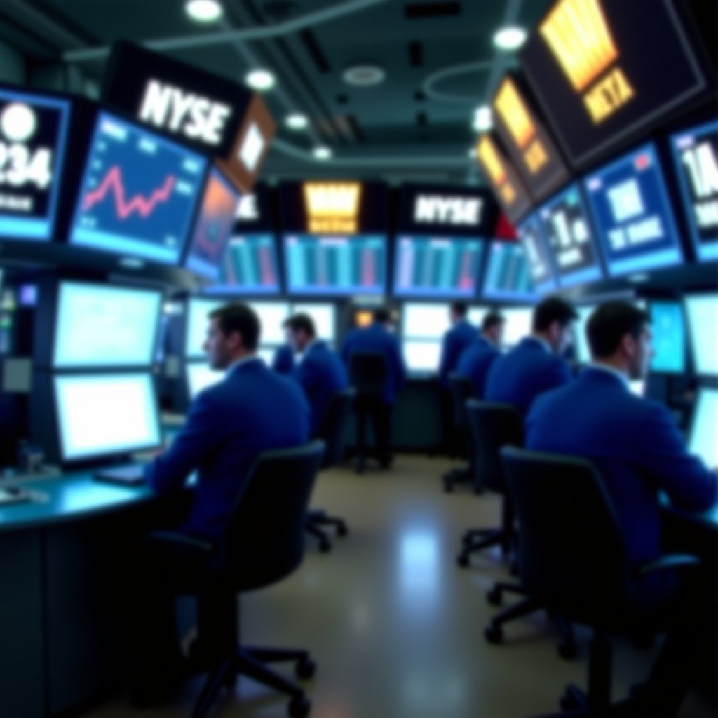 A cinematic, high-contrast shot of a bustling trading floor on Wall Street, focused on digital screens showing market fluctuations, blurred figures of traders in the background, professional atmosphere, 4:3 ratio.