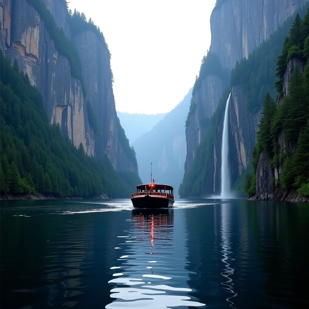 A tour boat cruising through the narrow waters of Western Brook Pond surrounded by massive vertical granite cliffs and waterfalls. The water is dark and still. 4:3