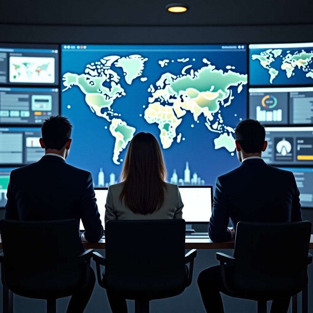 A professional office setting where a leadership team is looking at digital maps and communication screens during a crisis, modern technology, warm but serious lighting, 1:1