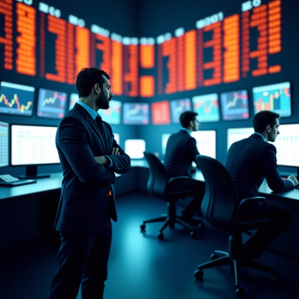A busy financial trading floor with multiple screens showing orange and red stock tickers, professional traders in dark suits looking concerned, modern high-tech environment, shallow depth of field, 4:3
