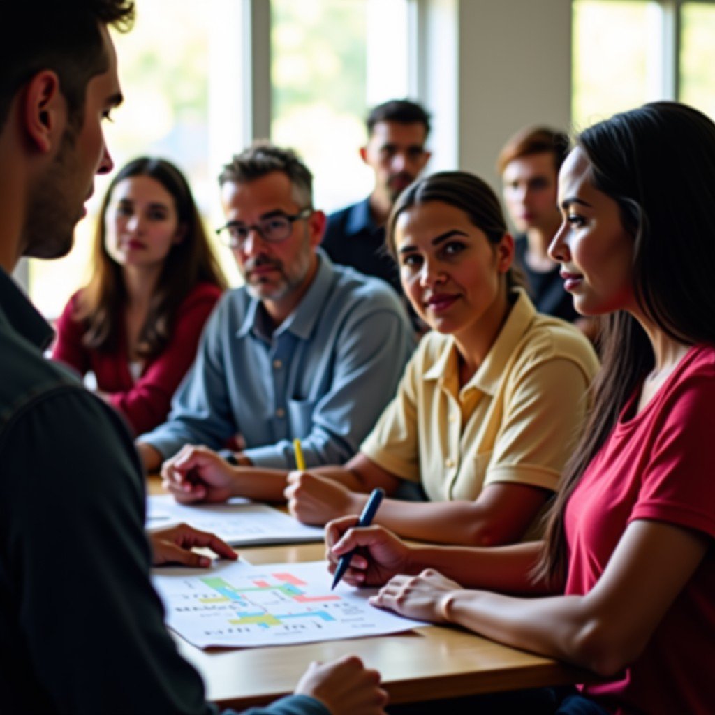 A group of diverse people gathered in a community center, attentively listening to a briefing. They are being trained as poll watchers, with some taking notes and others looking at a map of a local precinct. The lighting is natural and bright, conveying a sense of civic engagement and preparation. Realistic lifestyle photography. No text. 4:3