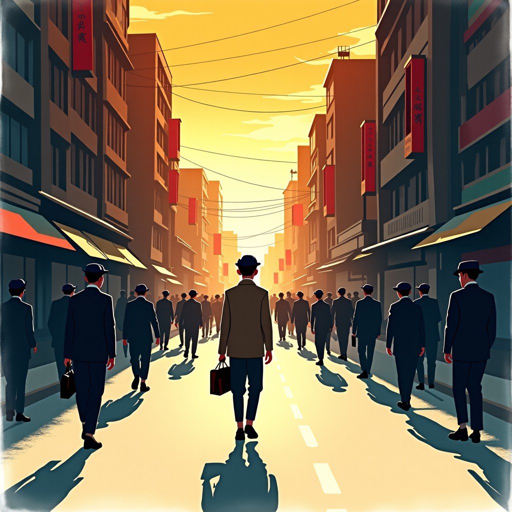 A poetic artistic rendering of a young Korean poet in 1945 walking through a vibrant liberated city, ink and paper texture, soft cinematic lighting, 4:3 aspect ratio