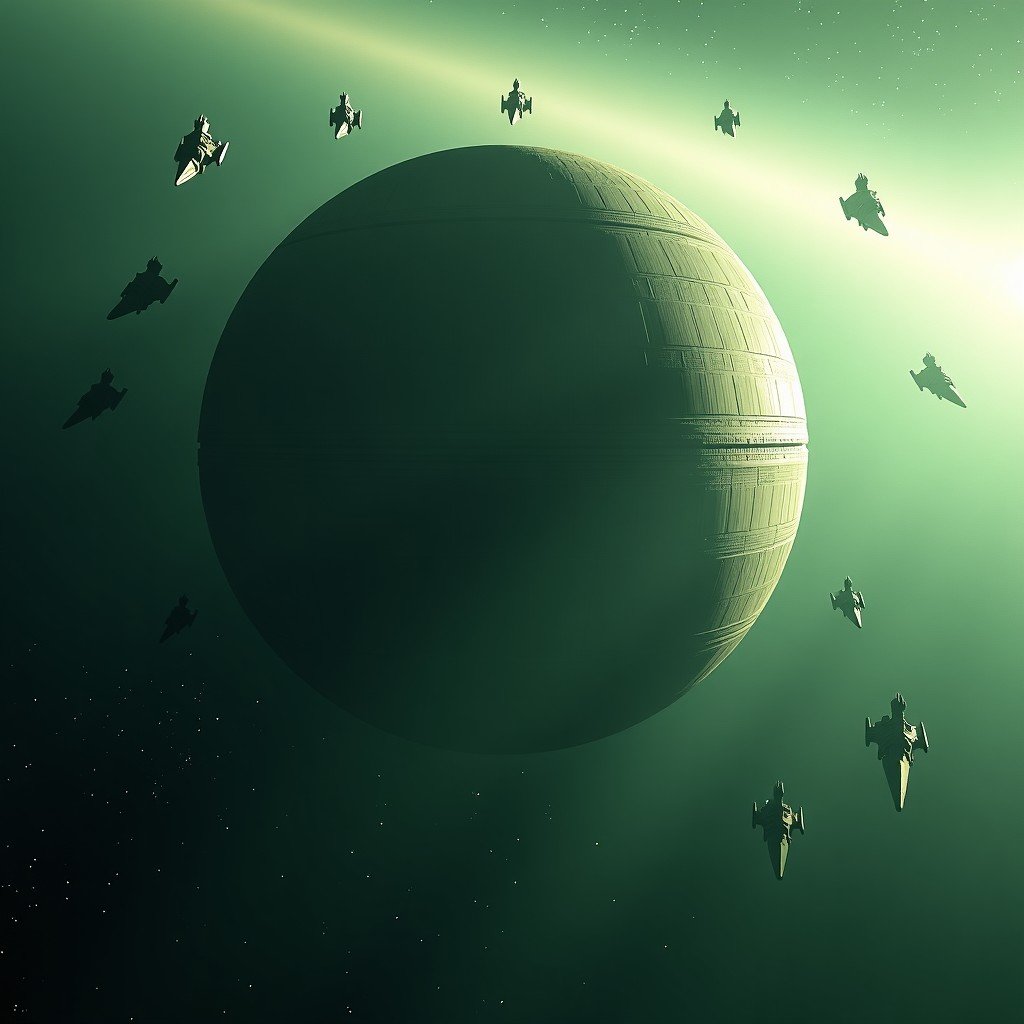 A terrifying view from space of the completed Death Star looming over a peaceful green planet. Imperial Star Destroyers surround it in a defensive formation. The scene is lit with high contrast, showing the immense scale and power of the Empire. Cinematic lighting, detailed hull texture. No text. 4:3
