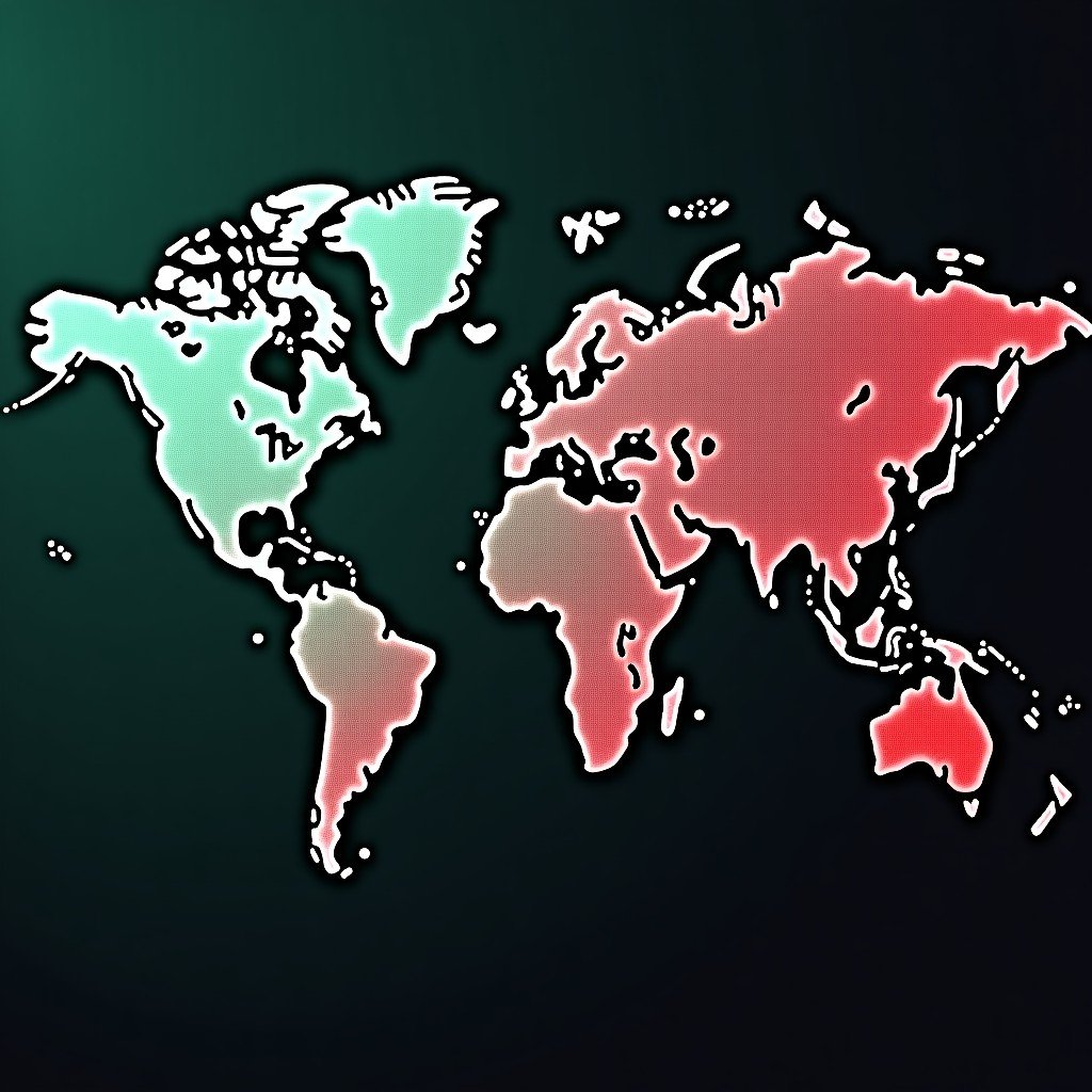 A dramatic conceptual image representing global financial market turmoil following a conflict. A world map background with digital stock tickers showing sharp red declines and some green surges in oil. High contrast modern lighting with a sense of urgency. 4:3
