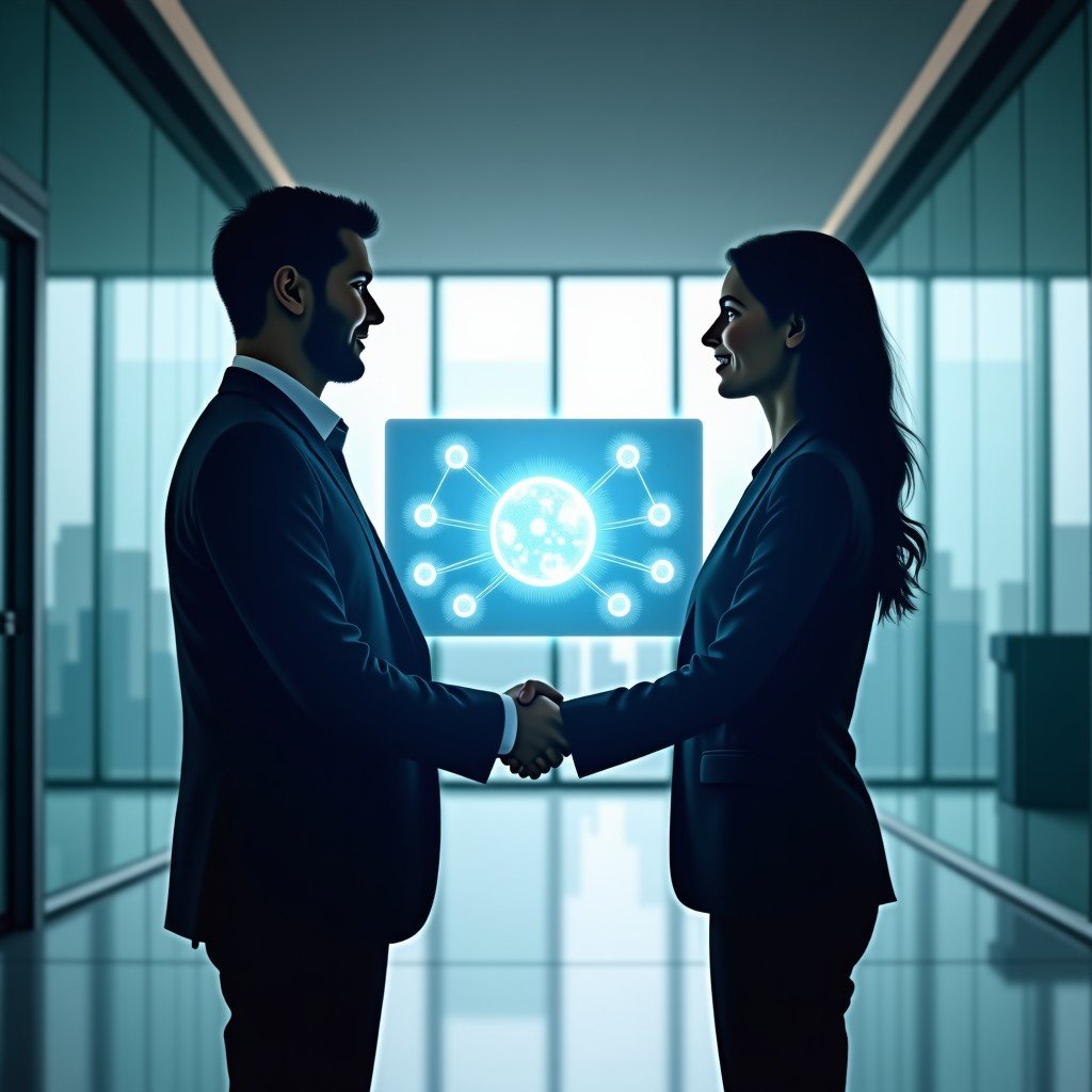 Two business professionals in suits shaking hands in a futuristic glass office, a holographic representation of a neural network between them, bright and airy lighting, 4:3