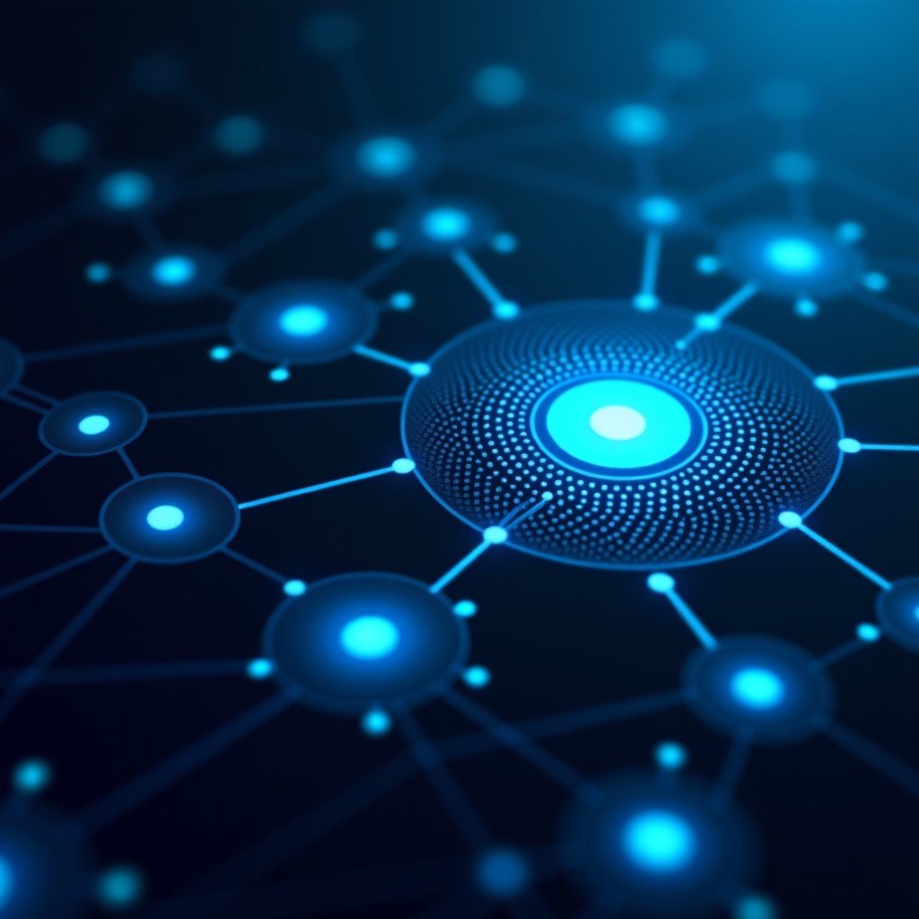 Abstract representation of artificial intelligence technology and data security, digital networking nodes, blue and dark grey tones, clean composition, 4:3 ratio.