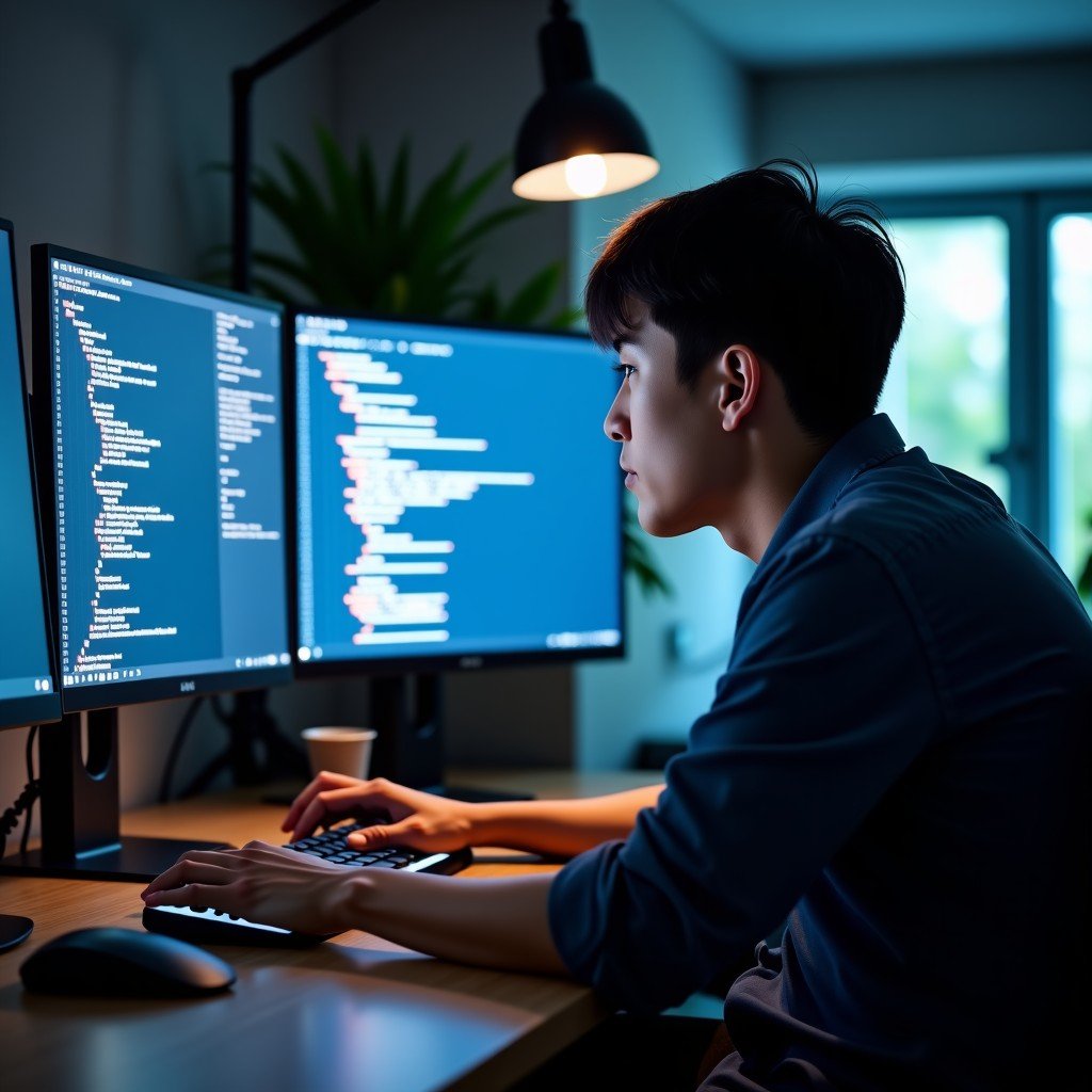A Korean male developer working in a dimly lit modern office, looking focused at multiple monitors displaying complex code and AI generation tools, realistic photography, natural lighting, 4:3