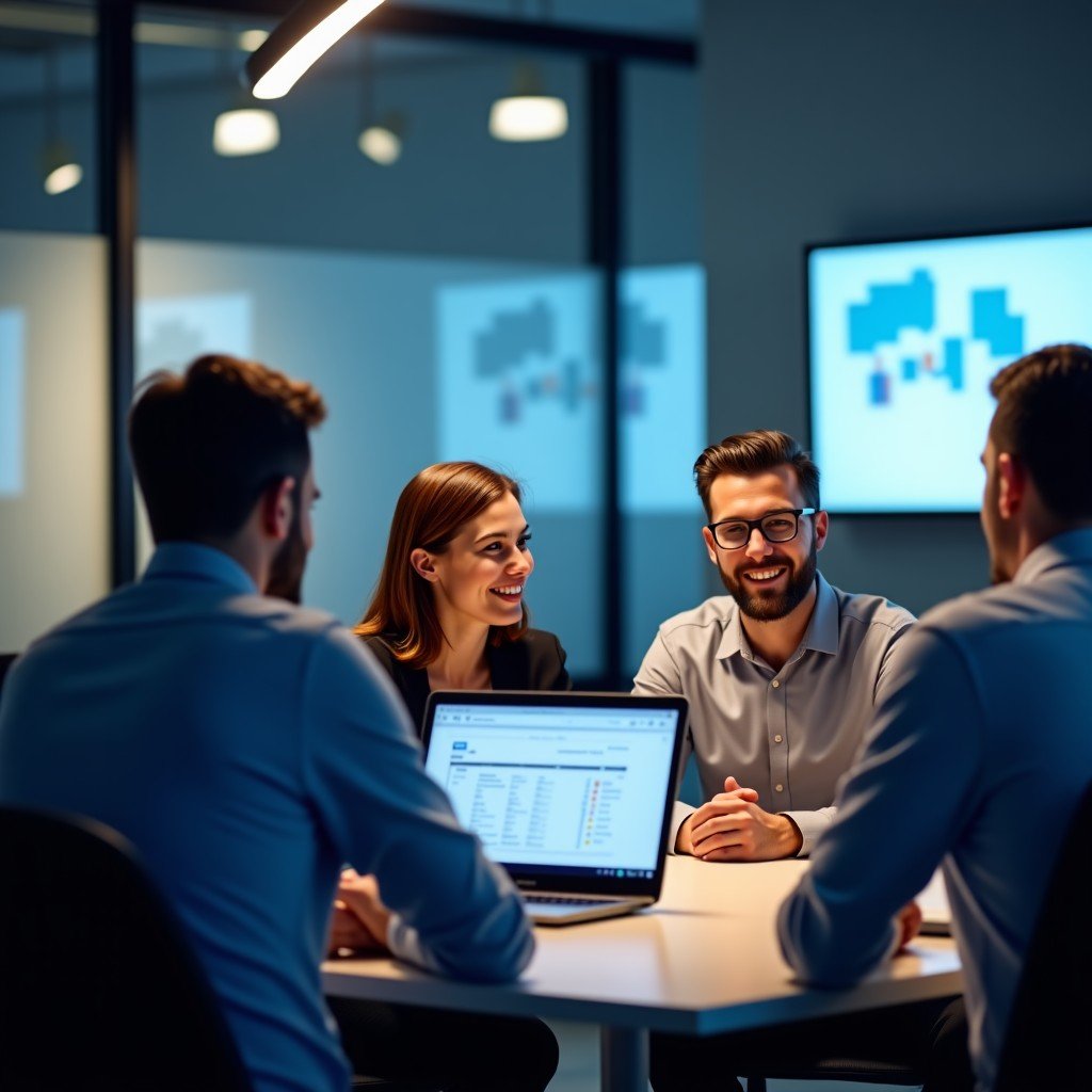 A high-quality realistic image of a collaborative technology workspace, bright lighting, focus on professional interaction, 4:3.