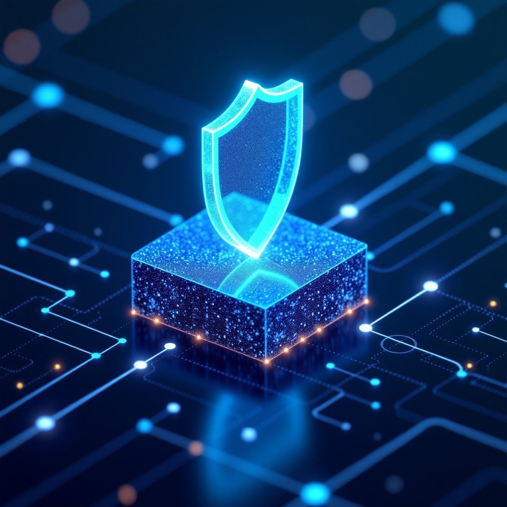 A conceptual visualization of a digital neural network forming a protective shield over abstract data blocks. Glowing connections and nodes representing high-speed AI processing. Professional clean tech illustration style 4:3
