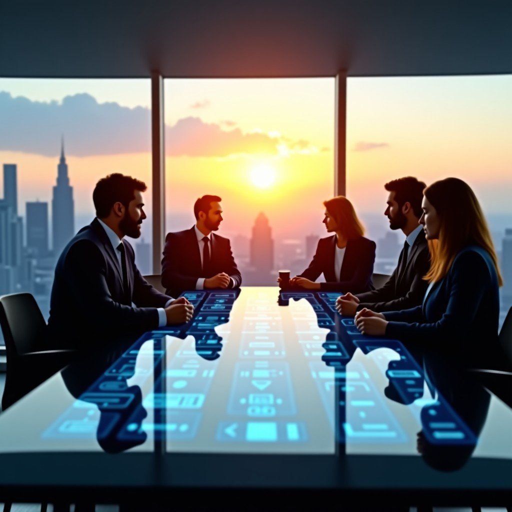 A modern glass meeting room in a skyscraper at sunset, a group of diverse professionals in suits discussing around a digital table showing AI safety icons, warm natural lighting, 4:3