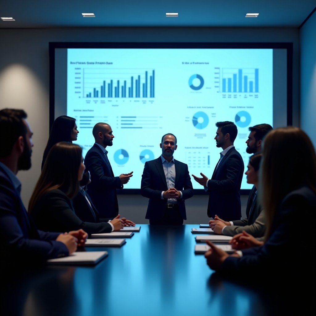 Group of diverse business executives in a modern boardroom discussing strategic AI implementation, large digital screen in background with data charts, professional lighting, realistic corporate photography. 4:3