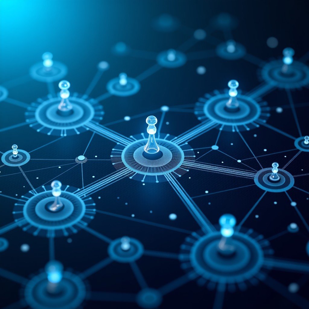 An abstract representation of AI decision making processes integrated with geometric military strategic maps, cool tones, professional corporate tech style, 4:3.