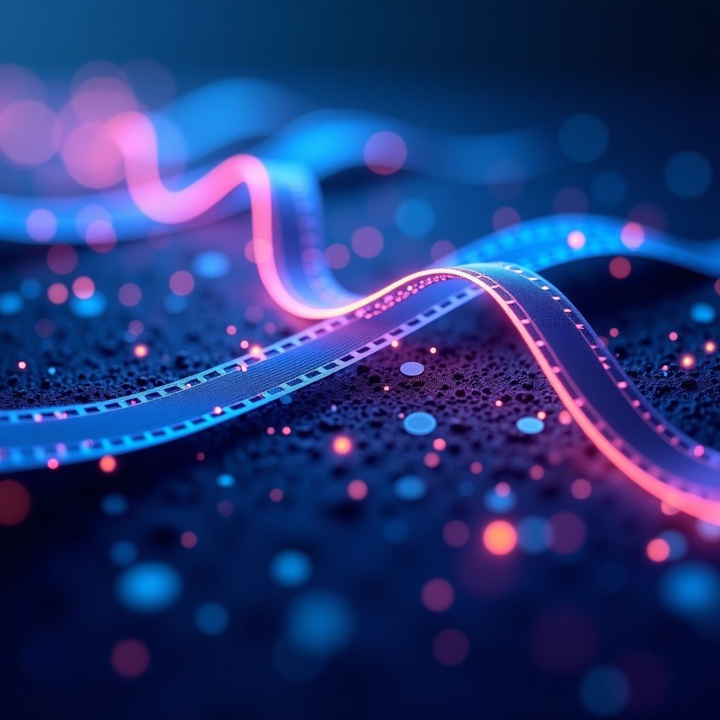 An abstract visual representation of artificial intelligence merging with digital cinematography. Glowing neural networks intertwined with film strips and pixels. Modern and high-tech digital art style with vibrant blue and purple tones. 4:3