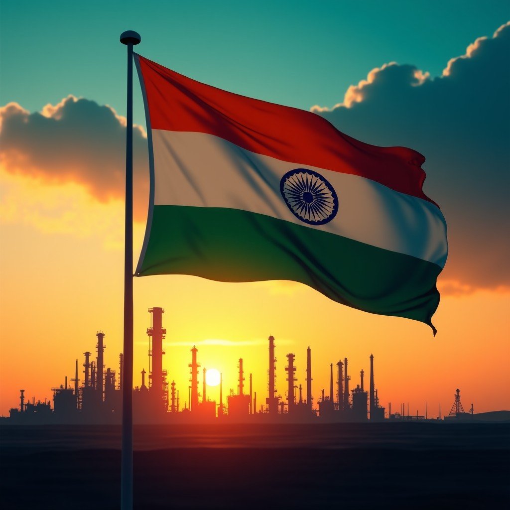 A professional cinematic shot of an oil refinery complex with a large Indian flag waving in the foreground. The sky is dramatic with orange and teal hues, symbolizing economic tension. High contrast, realistic style, 4:3