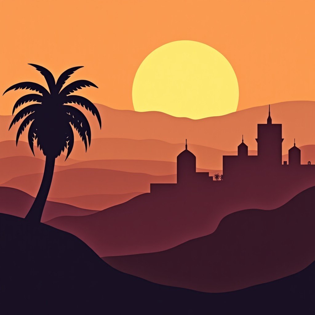 The village of Ait-Ben-Haddou during sunset, warm atmosphere, silhouettes of palm trees, clay architecture, realistic, 4:3