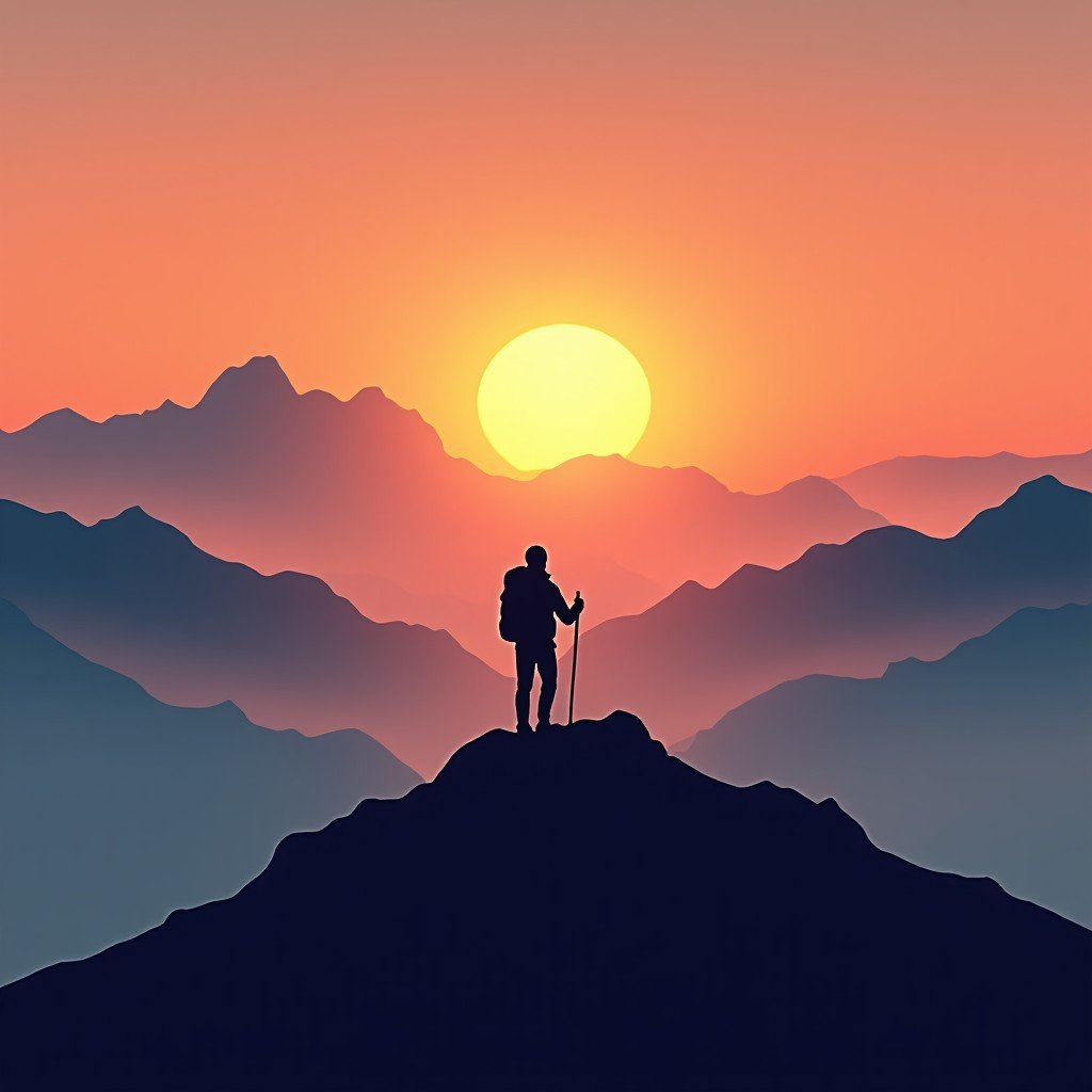 A hiker standing on a mountain ridge looking at the rising sun over the clouds, inspirational atmosphere, artistic rendering, 4:3 aspect ratio