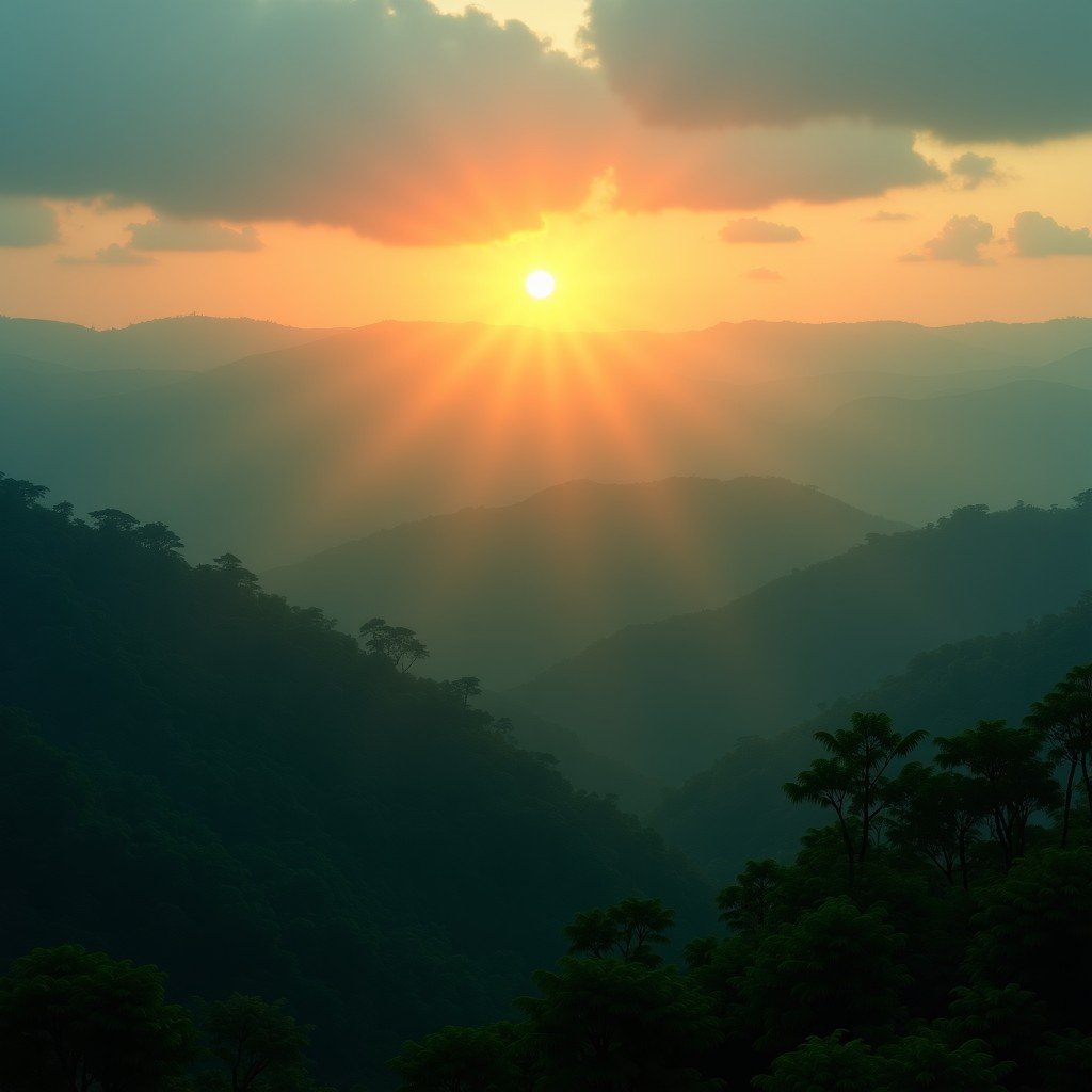 Sun rising over the infinite green canopy of the Amazon jungle, misty atmosphere, serene and vast landscape, cinematic lighting, 4:3.