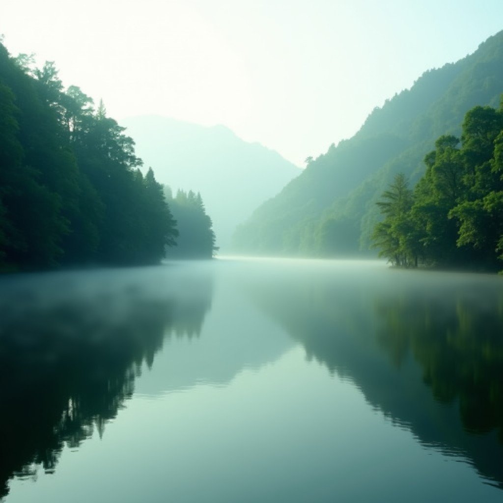 A serene view of the Dja River reflecting the surrounding green forest. Morning mist floats above the water surface. The composition is peaceful and highlights the pristine river landscape. 4:3
