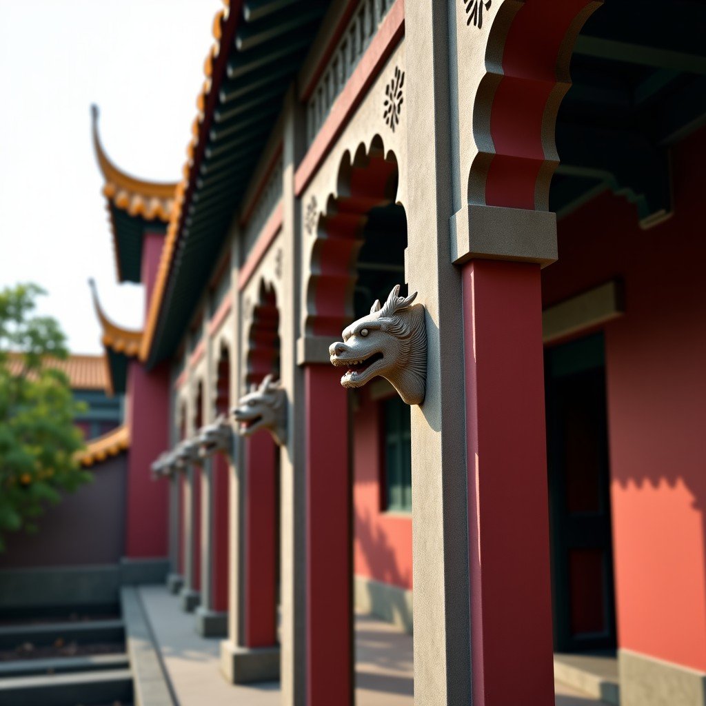 Close-up shot of traditional Chinese architectural carvings, ornate dragon patterns on stone, deep red walls and yellow roofs, natural daylight, historical atmosphere, 4:3.
