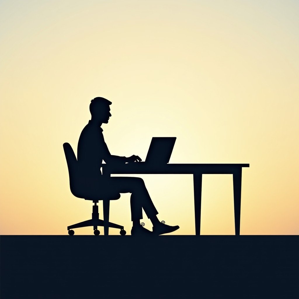 A balanced composition showing a human silhouette sitting at a desk with a laptop, looking at a calm horizon, metaphorical representation of patience and strategic planning, 16:9 ratio.