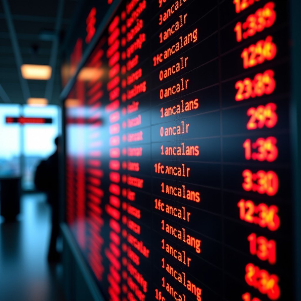 A busy airport departure board showing a long list of canceled flights with red warning lights, realistic atmosphere, high contrast, 4:3
