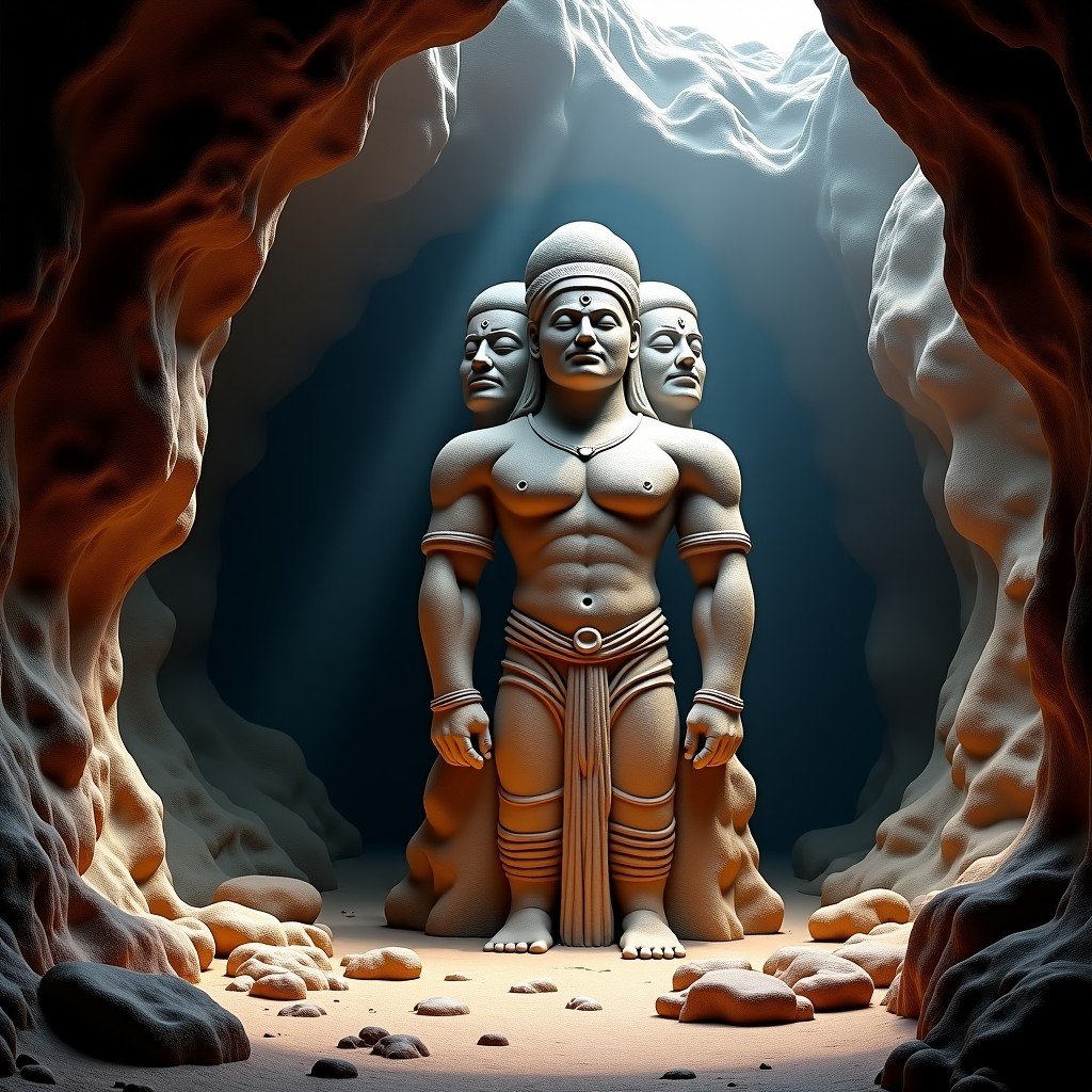 Giant stone sculpture of the three-headed Shiva Trimurti in a dark cave, intricate details on ancient rock, soft mystical lighting, warm shadows, Indian heritage site, 4:3