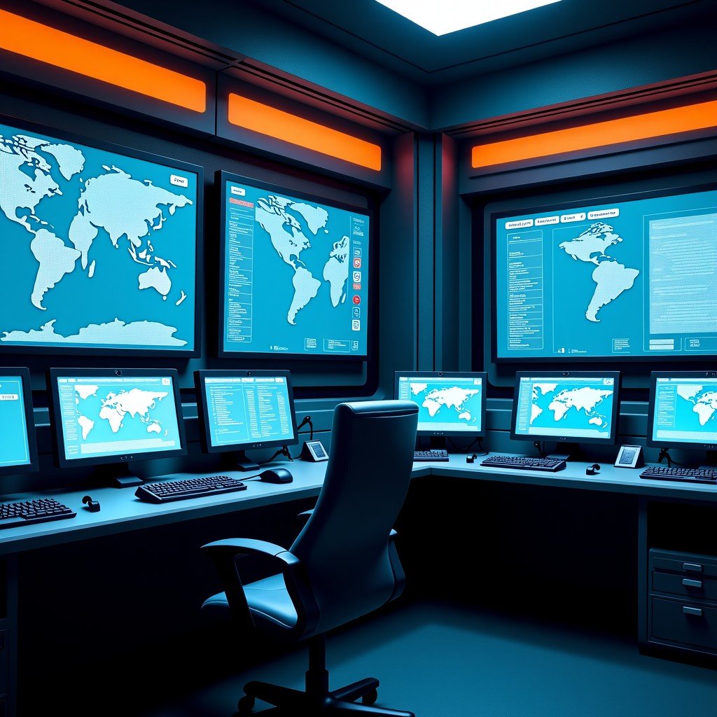 Futuristic military control room with tactical screens and monitoring data, realistic setting, blue and orange color tones, 4:3 aspect ratio.