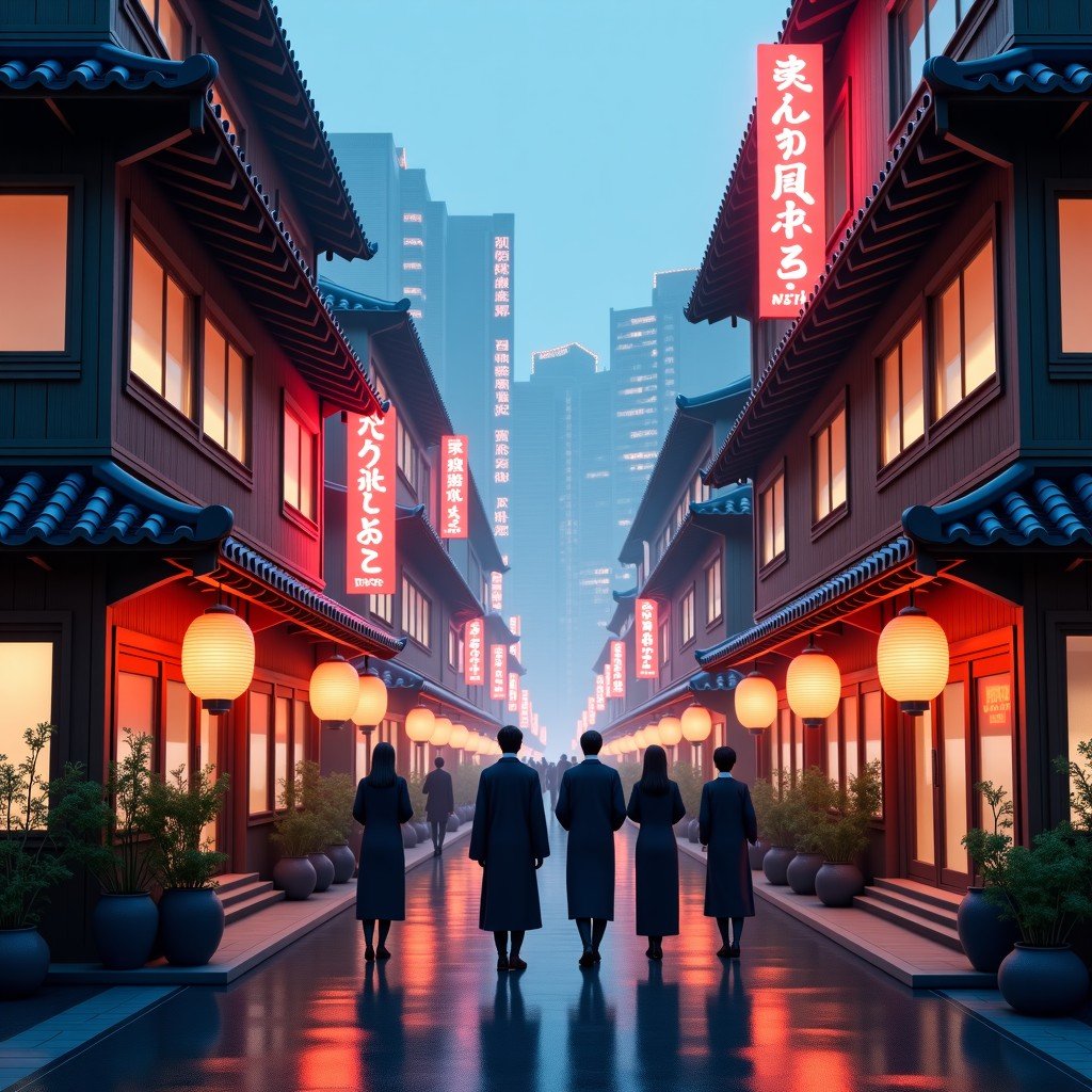 A futuristic city street that combines 19th-century Japanese wooden architecture with modern neon lights, bustling with people in hybrid traditional-modern clothing, cinematic lighting, high contrast, 1:1