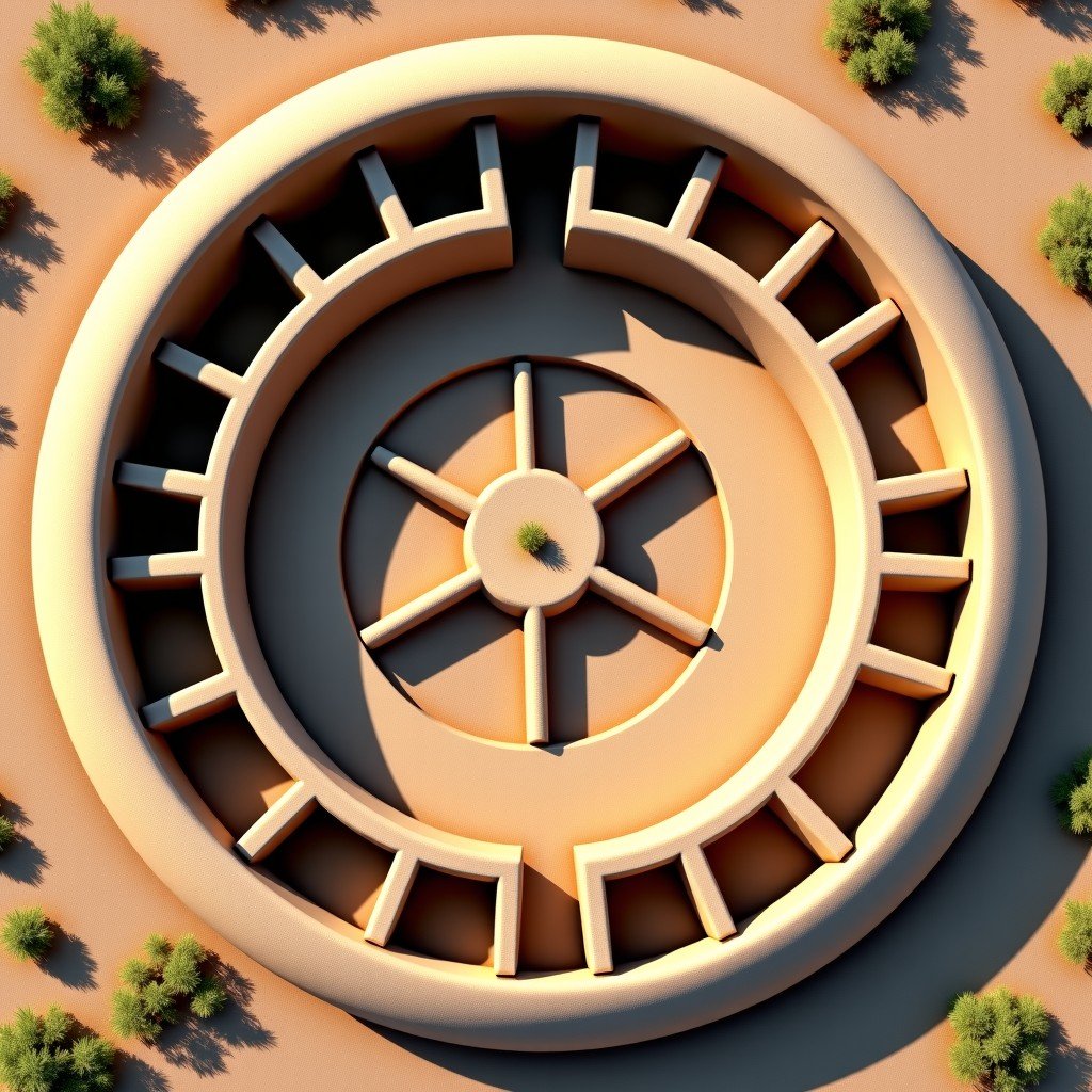 Aerial view of Pueblo Bonito, semi-circular great house construction, complex stone rooms and kivas, historical architectural detail, high contrast, modern layout. 4:3