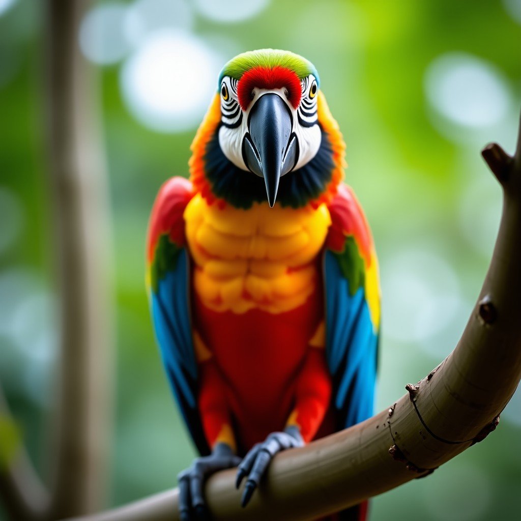 Close up shot of a colorful macaw perched on a tree branch in the Amazon rainforest, vibrant feathers, nature photography style, 4:3.