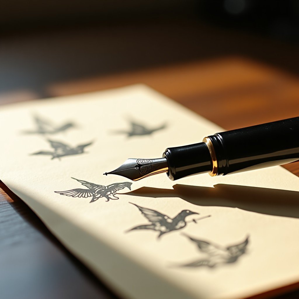 A fountain pen lying on a piece of vintage paper with poetic ink sketches, soft natural lighting, high resolution, 4:3
