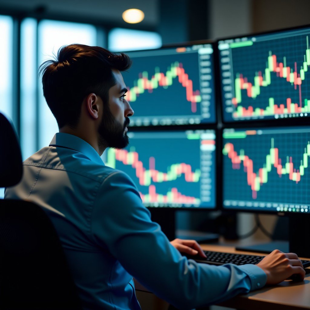 A professional stock market analyst in a modern office looking at multiple monitors displaying financial charts with green and red candles, realistic lighting, focused expression, 4:3