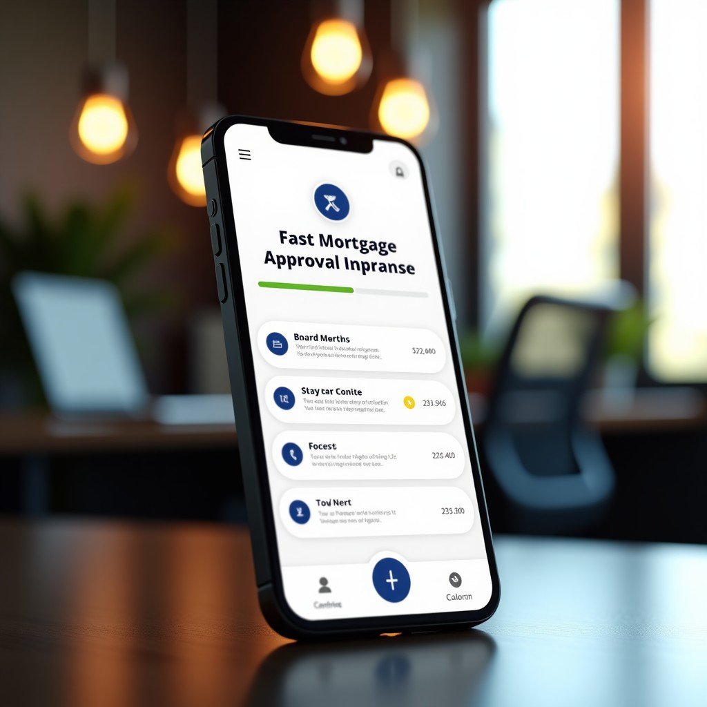A modern digital interface showing a fast mortgage approval process on a sleek smartphone screen, professional office background, soft natural lighting, realistic, 4:3.