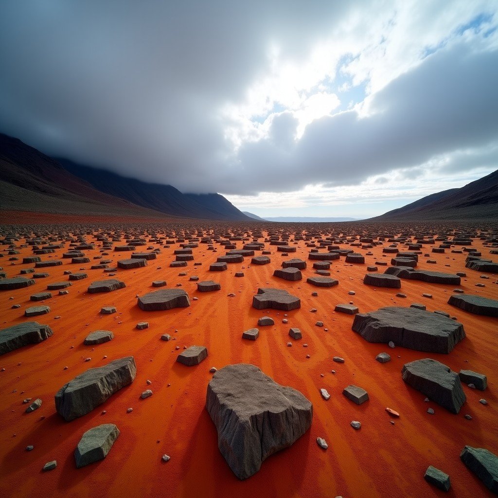 The Tablelands in Gros Morne National Park showing a vast barren landscape of orange-brown peridotite rocks under a dramatic sky. The terrain looks like another planet with minimal vegetation. 1:1
