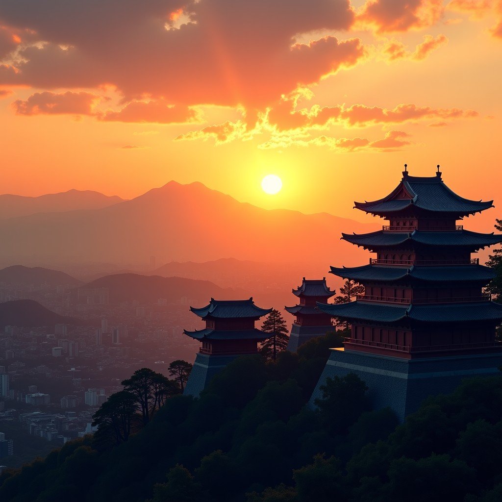 Panoramic view of imperial palace complex at sunset, warm golden glow, sweeping rooftops, detailed wooden structures, 16:9 aspect ratio, 4:3.