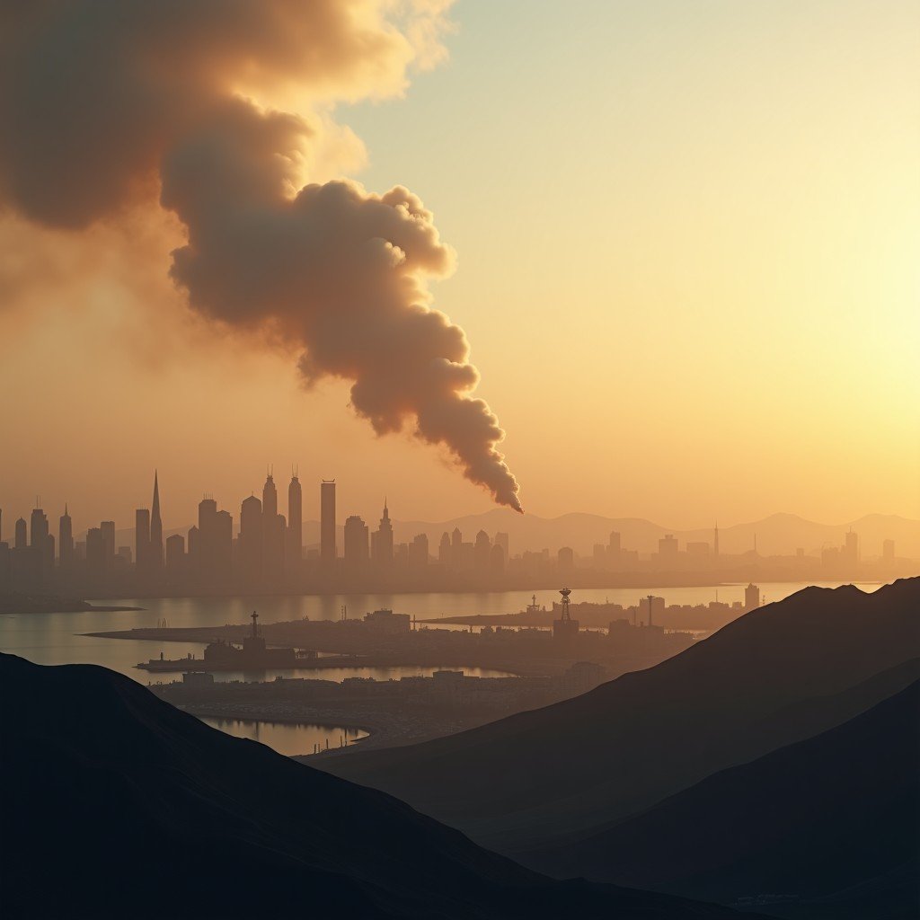 A dramatic wide shot of a Middle Eastern port city with smoke rising in the distance under a hazy sky, high contrast, cinematic lighting, realistic style, 4:3