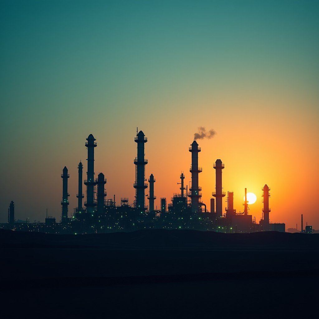 A dramatic wide shot of a large oil refinery complex in the Middle East at dusk, with orange and teal sky, subtle smoke rising from stacks, high contrast and professional photography style, 4:3