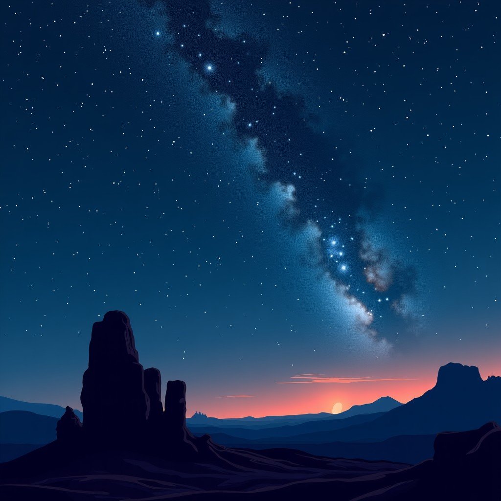 Night sky filled with stars over ancient stone ruins, Chaco Canyon architecture silhouette, Milky Way visible, historical atmosphere, artistic rendering. 4:3