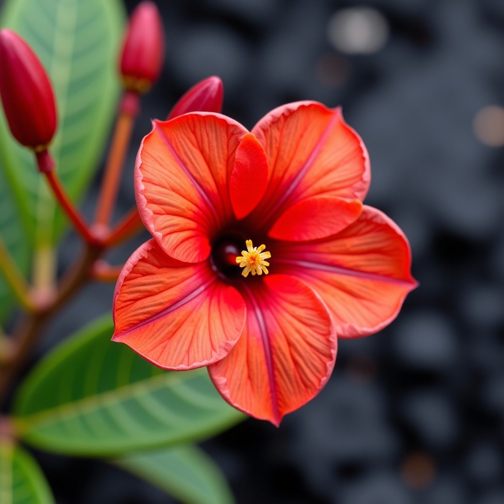 Close up of a bright red Ohia Lehua flower blooming on a volcanic branch with blurred lava background, 4:3