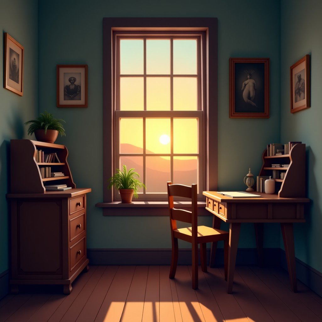A poetic atmosphere in a quiet old room with a vintage wooden desk and a window looking out at a soft sunset, literary vibe, oil painting style, 4:3