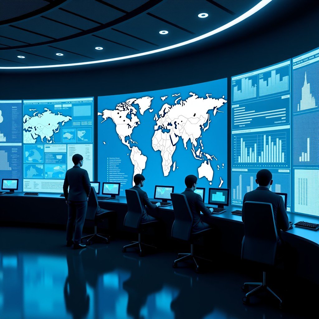 A futuristic military command center with large transparent glass screens displaying complex data maps and AI neural network visualizations. Dim blue lighting, highly detailed tech equipment, no people, 4:3.