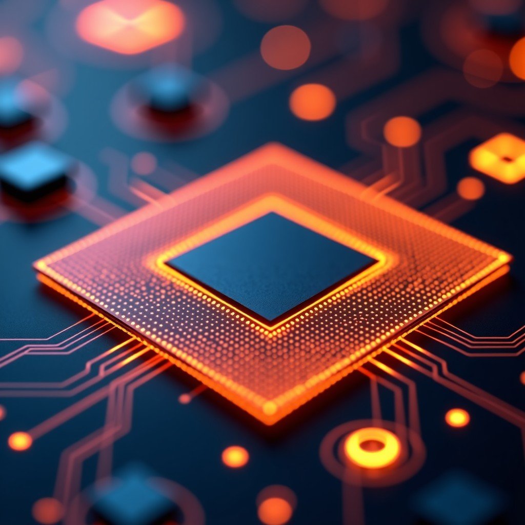 A high-quality close-up of a modern semiconductor wafer with intricate circuit patterns under warm, clean lighting, symbolizing high-tech manufacturing, 4:3 aspect ratio.