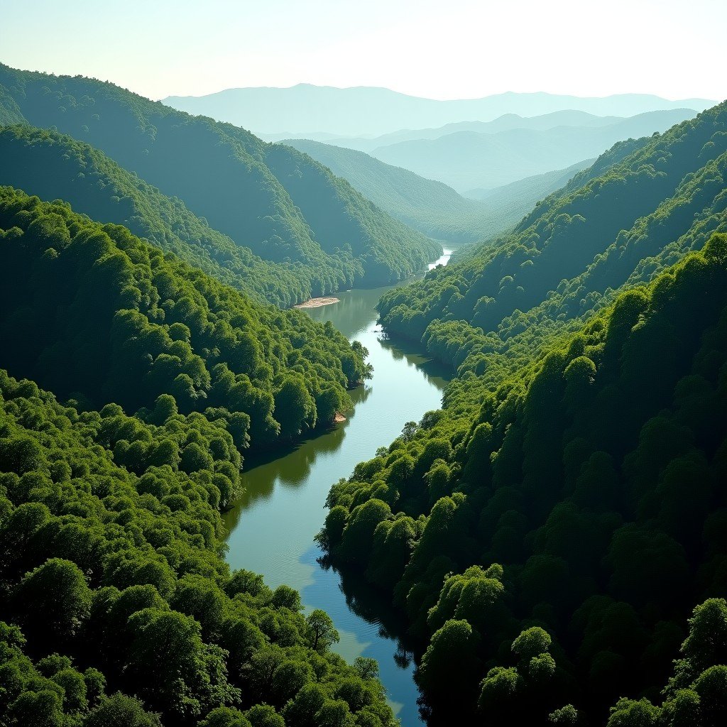 A wide aerial view of the lush and dense tropical rainforest of Dja Faunal Reserve in Cameroon. A winding river surrounds the deep green canopy under a bright clear sky. The atmosphere is pristine and natural. 4:3